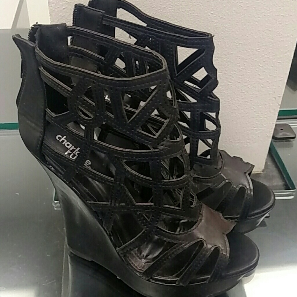 Black Caged Platform Wedges Sz 7